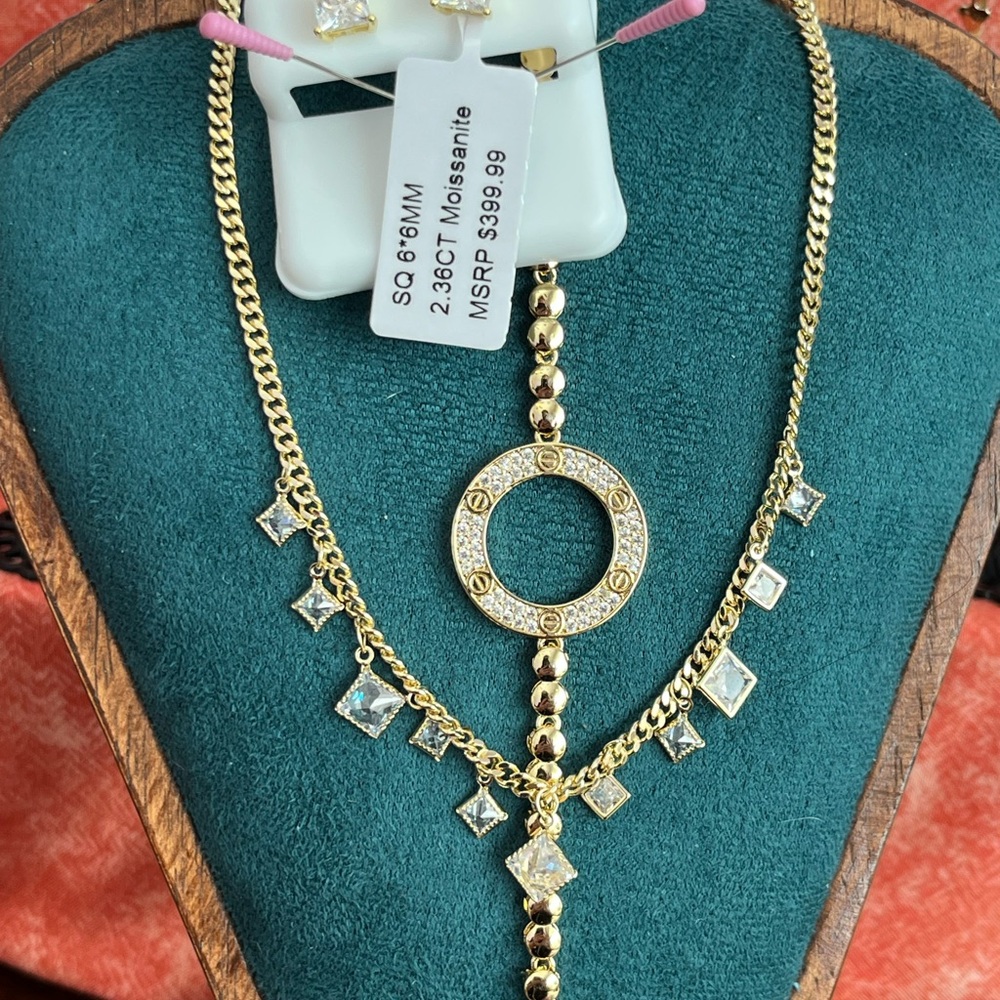 Gold CZ Sq Drop Necklace, Status Bracelet, Gold Ring & Moissanite Earrings!!